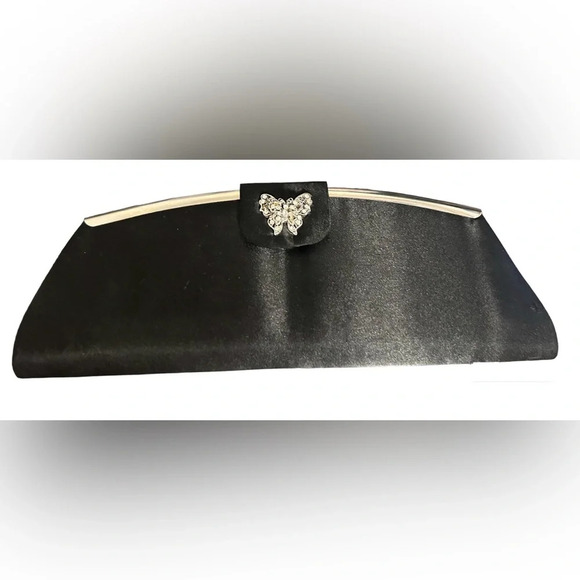 TOVA BEVERLY HILLS BLACK SATIN EVENING CLUTCH PURSE BUTTERFLY MAGNET SNAP - Picture 1 of 5